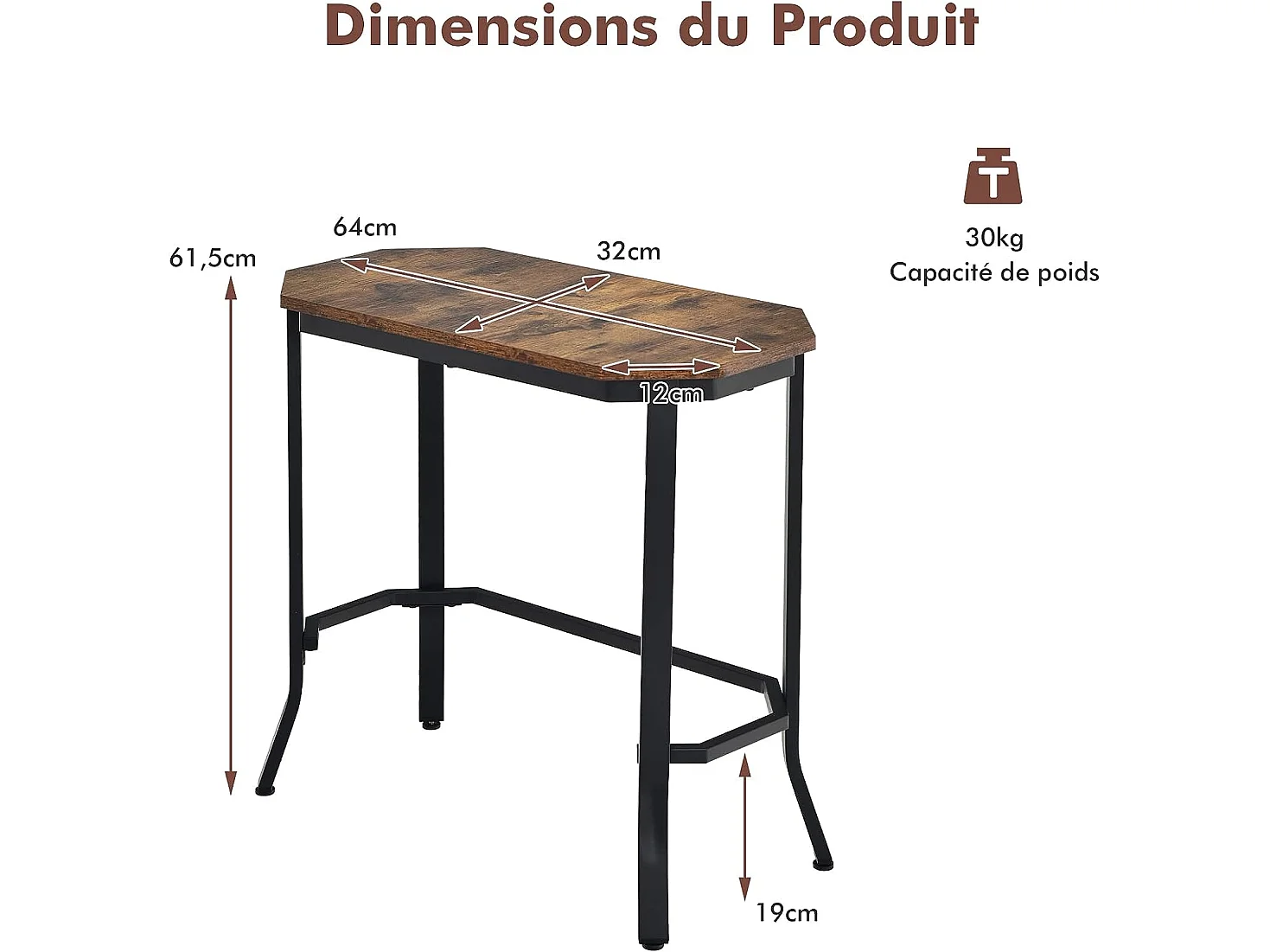 Table d'appoint industrielle, 64 x 32 x 61,5 cm, bout de canapé avec structure en acier stable