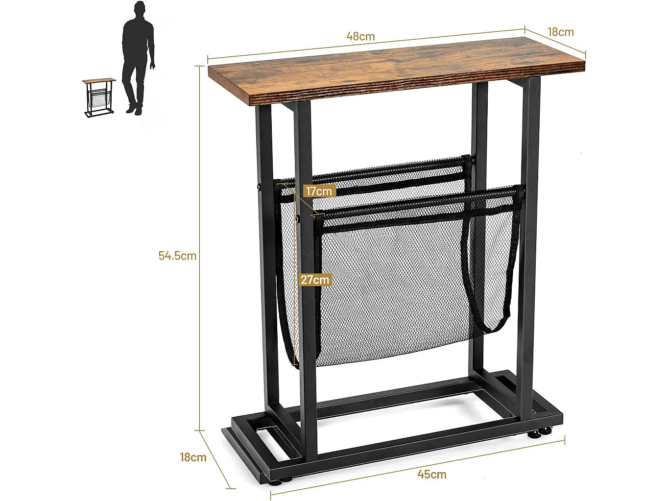 Table d'appoint de style industriel, 2 niveaux avec porte-revues en maille, 48 x 18 x 54,5 cm