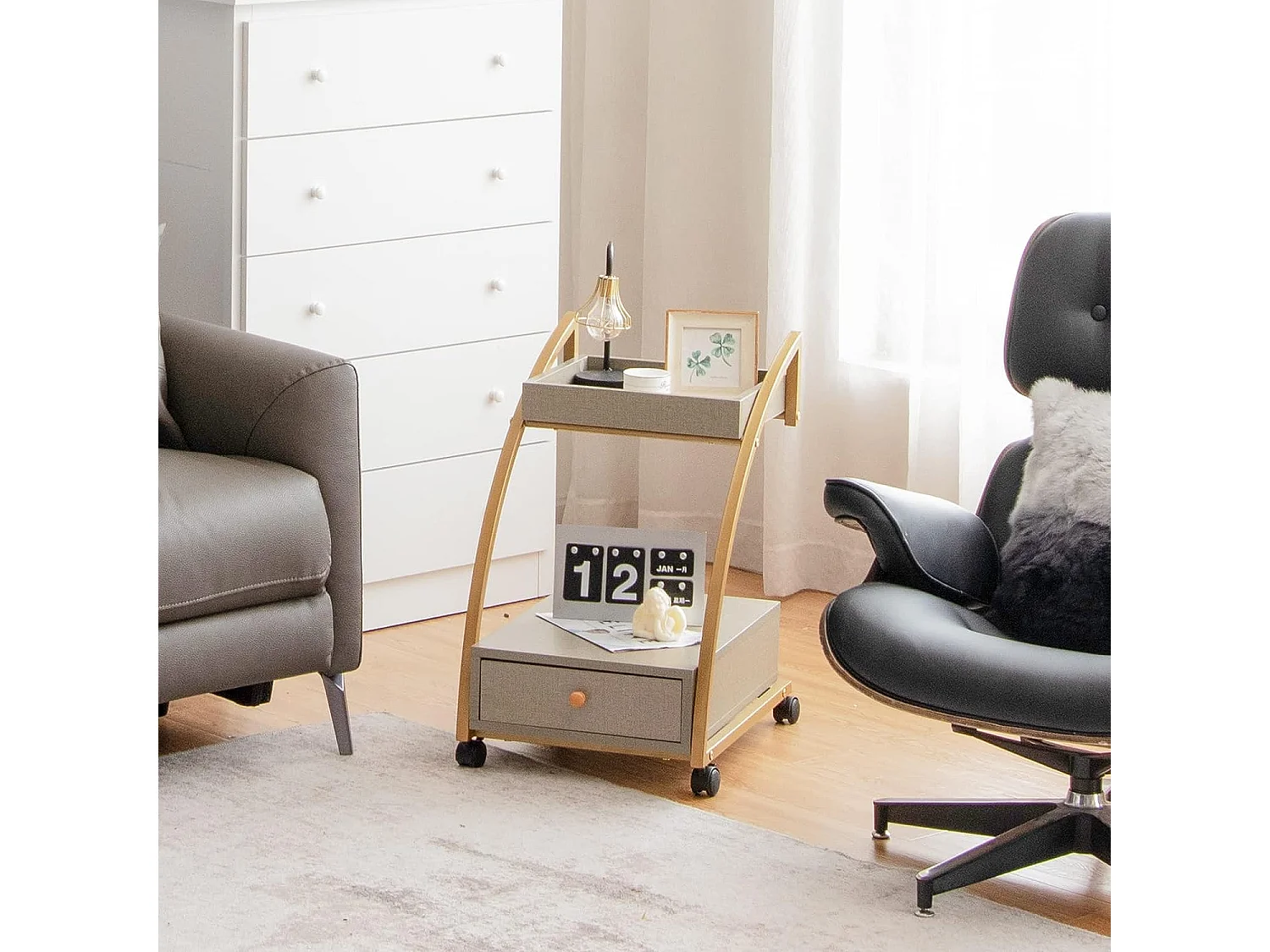 Table d'appoint à roulette en forme de c, plateau supérieur amovible, 40 x 50 x 65,5 cm gris