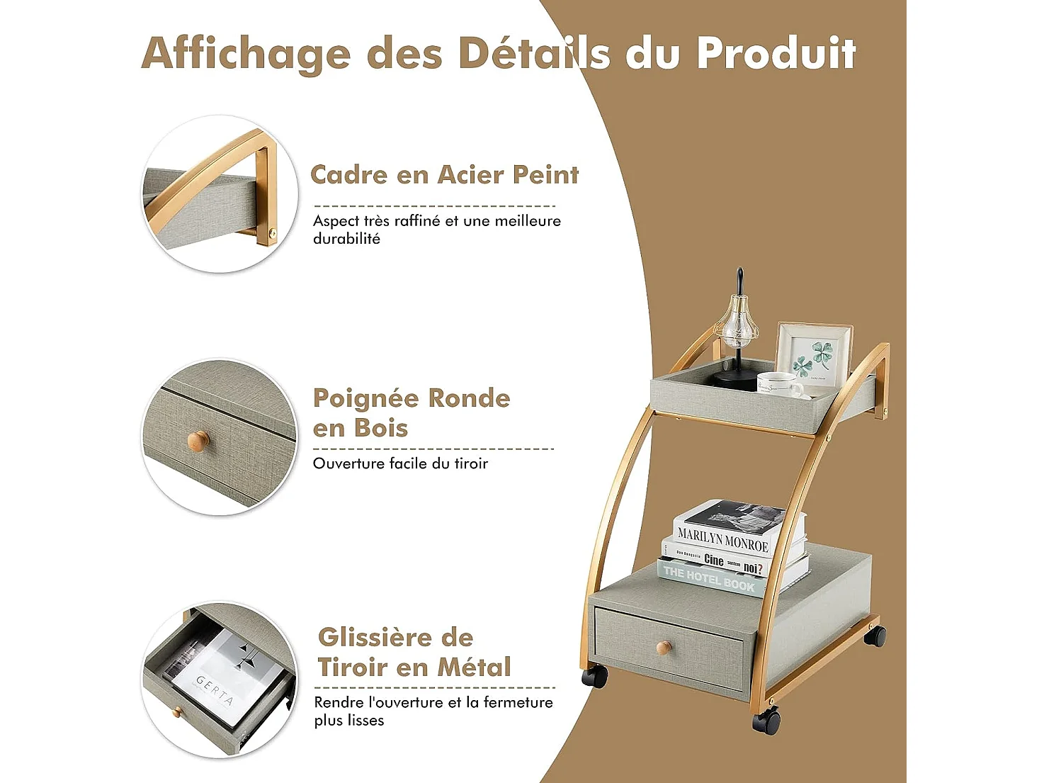 Table d'appoint à roulette en forme de c, plateau supérieur amovible, 40 x 50 x 65,5 cm gris