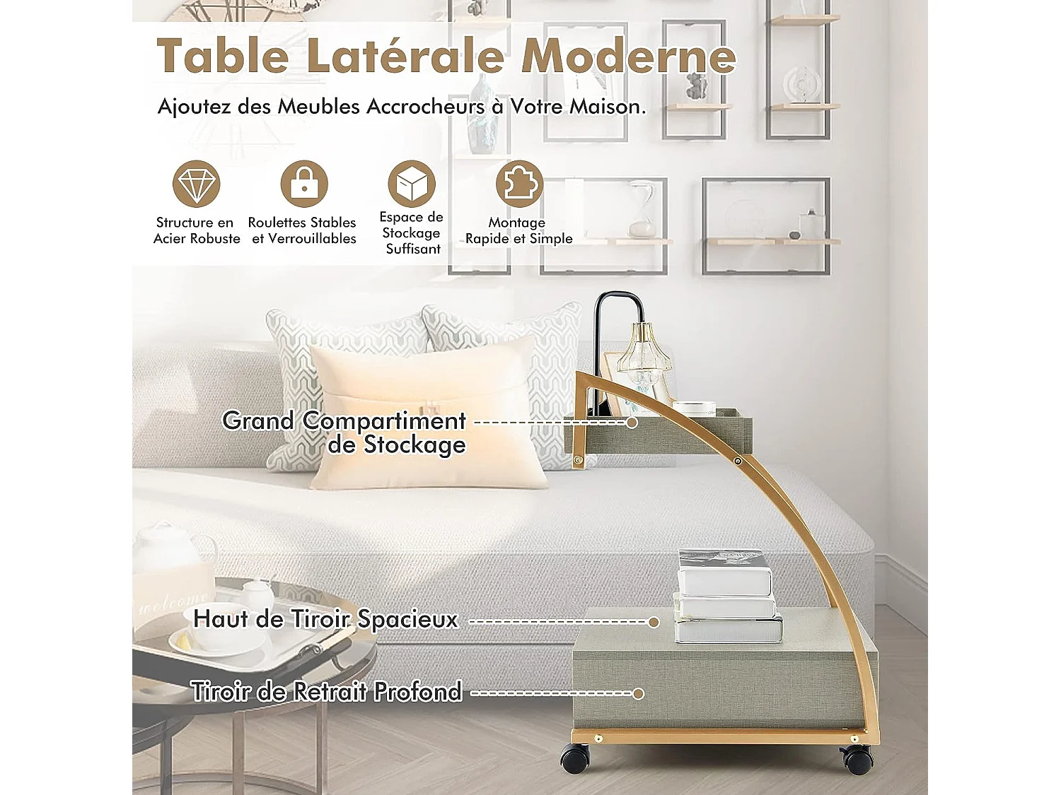 Table d'appoint à roulette en forme de c, plateau supérieur amovible, 40 x 50 x 65,5 cm gris