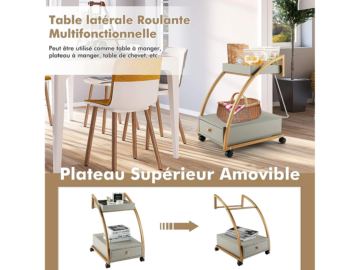 Table d'appoint à roulette en forme de c, plateau supérieur amovible, 40 x 50 x 65,5 cm gris