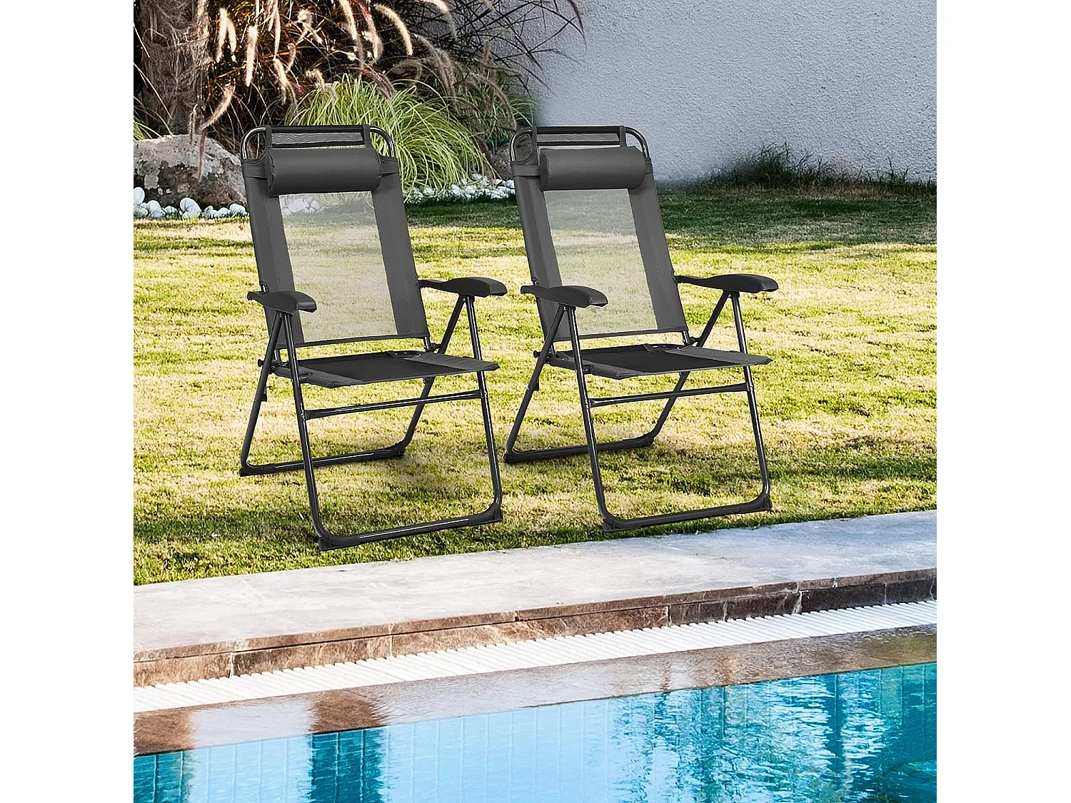 Lot de 2 Chaises Longues Pliante en Tissu Oxford Gris