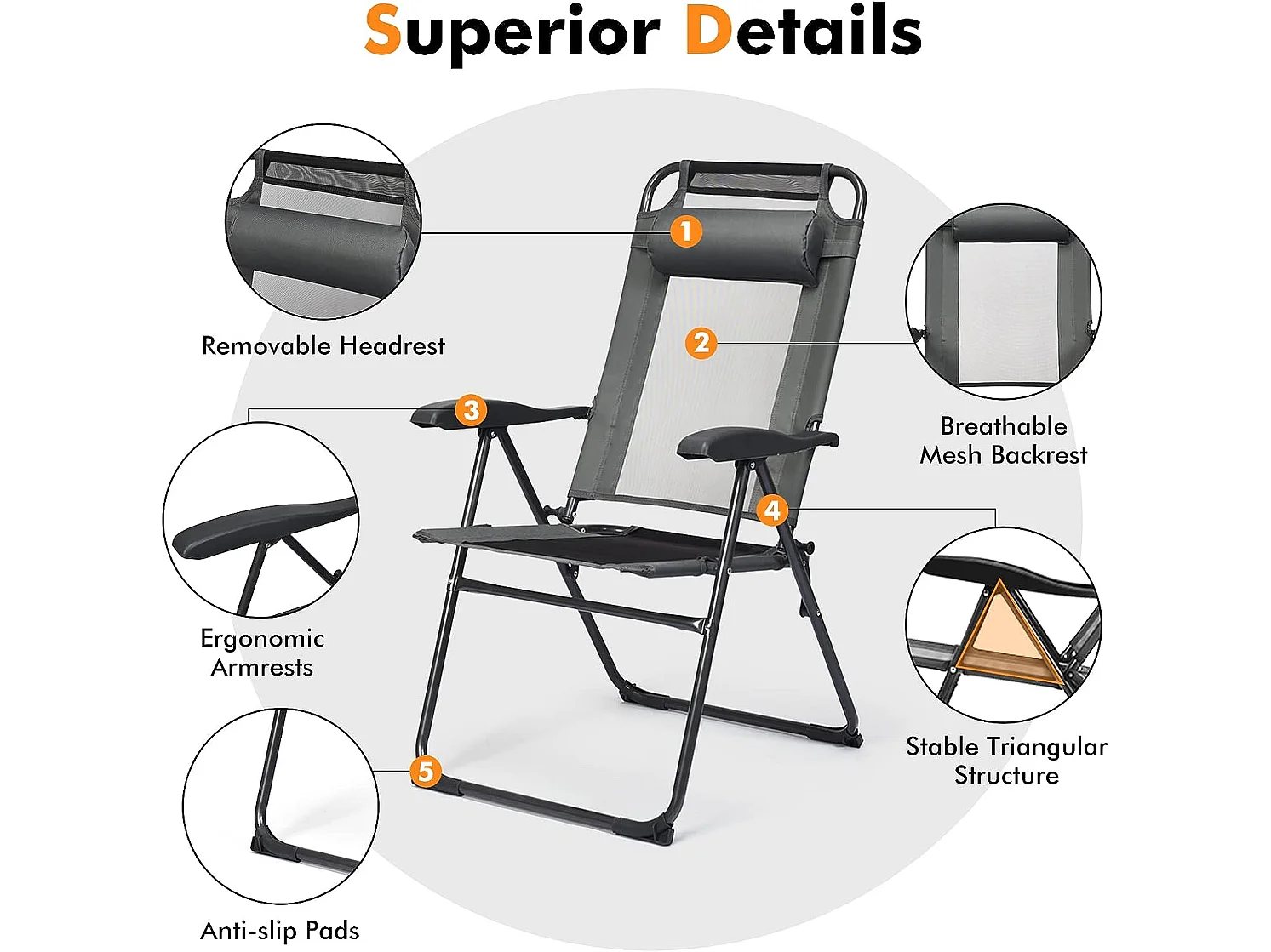 Lot de 2 Chaises Longues Pliante en Tissu Oxford Gris