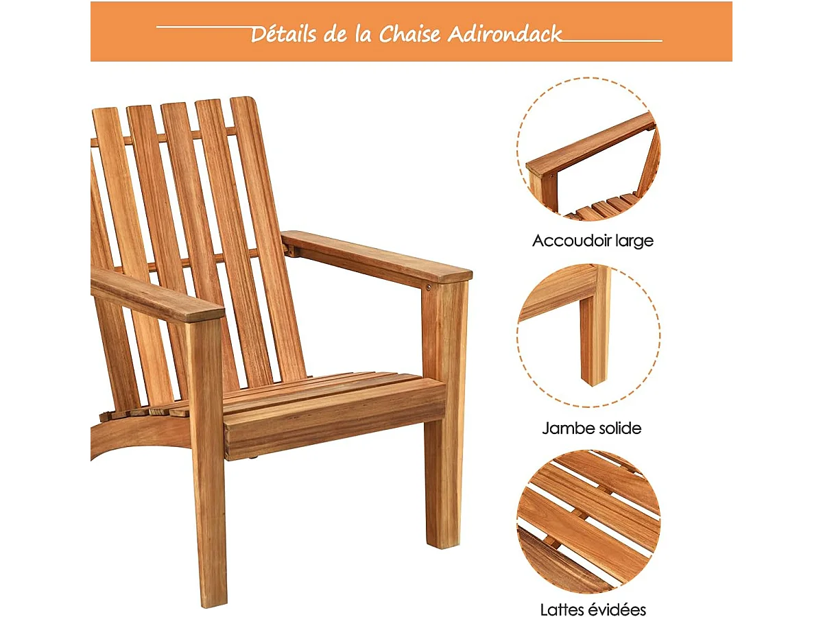 Chaise de Jardin/Adirondack en Acacia Certifié FSC Résistant aux Intempéries Charge 160 Kg Salon Terrasse Balcon Naturel