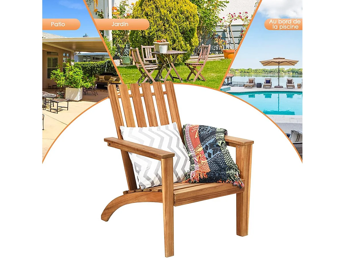 Chaise de Jardin/Adirondack en Acacia Certifié FSC Résistant aux Intempéries Charge 160 Kg Salon Terrasse Balcon Naturel