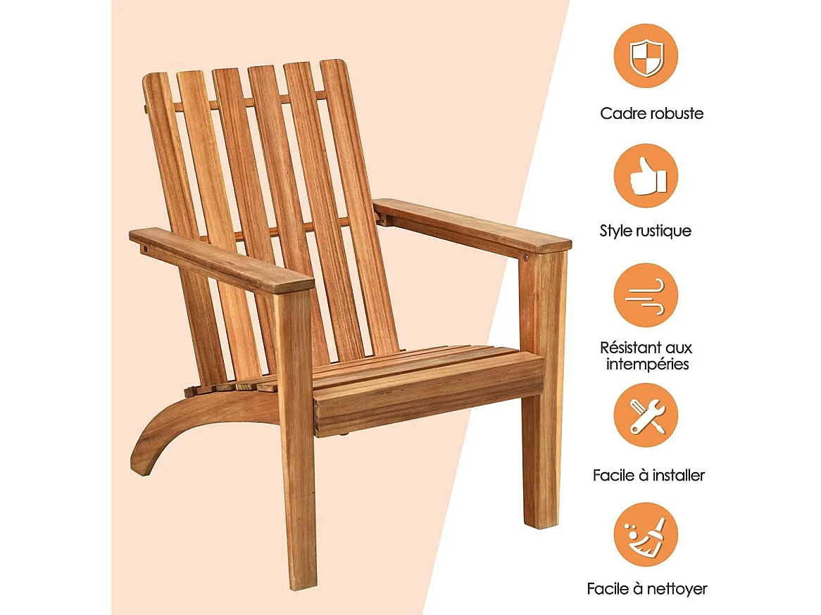 Chaise de Jardin/Adirondack en Acacia Certifié FSC Résistant aux Intempéries Charge 160 Kg Salon Terrasse Balcon Naturel
