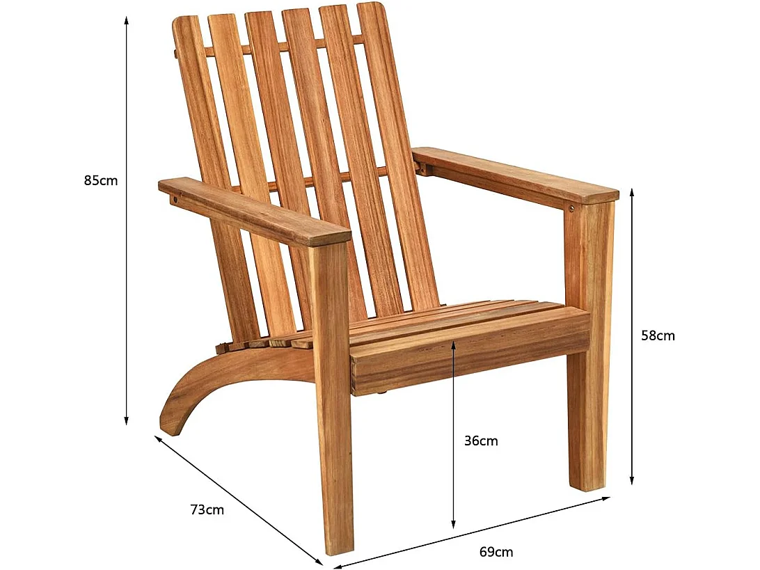 Chaise de Jardin/Adirondack en Acacia Certifié FSC Résistant aux Intempéries Charge 160 Kg Salon Terrasse Balcon Naturel