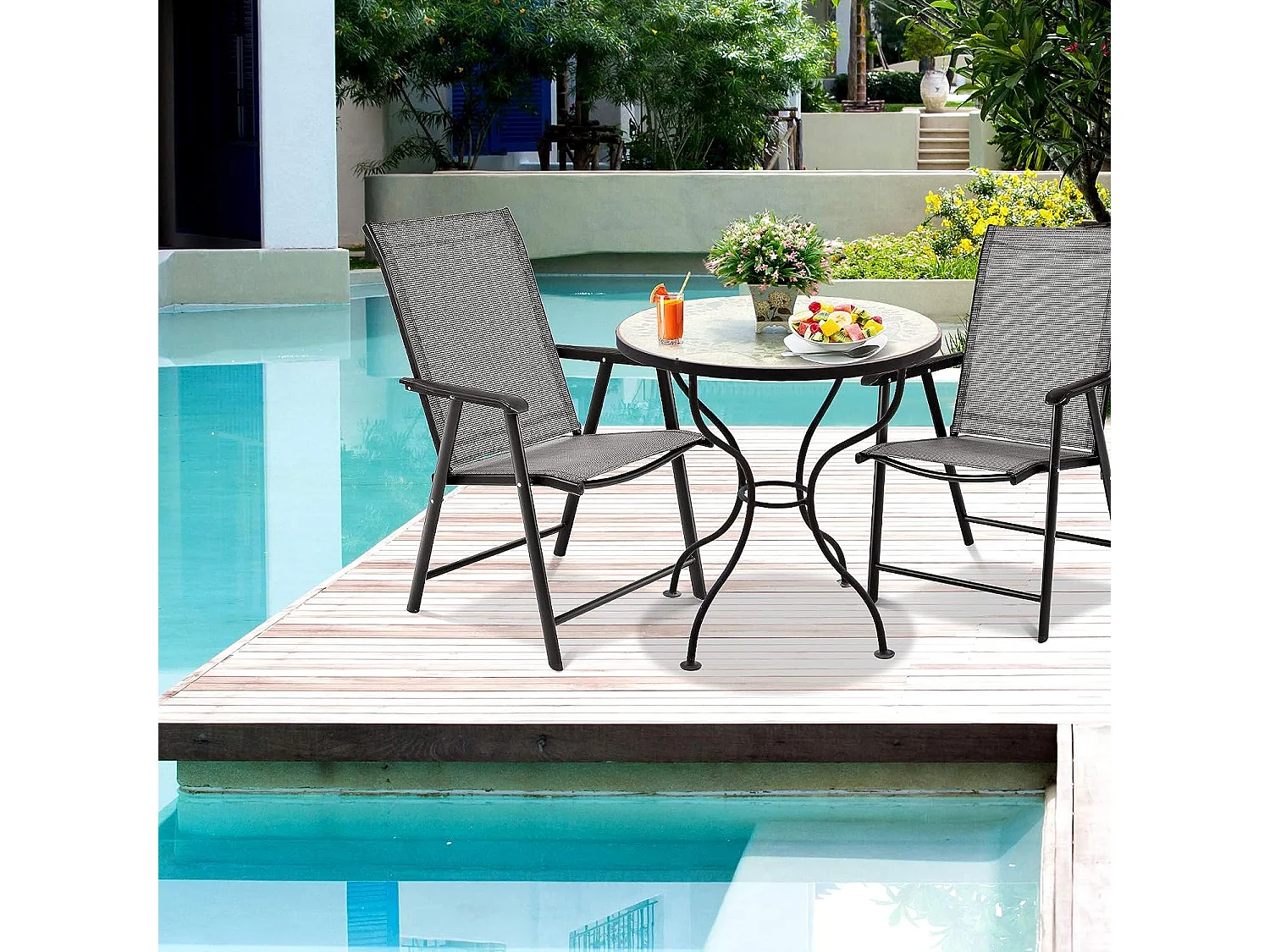 Lot de 2 chaises de jardin pliantes avec accoudoir dossier haut cadre en métal charge 100 kg