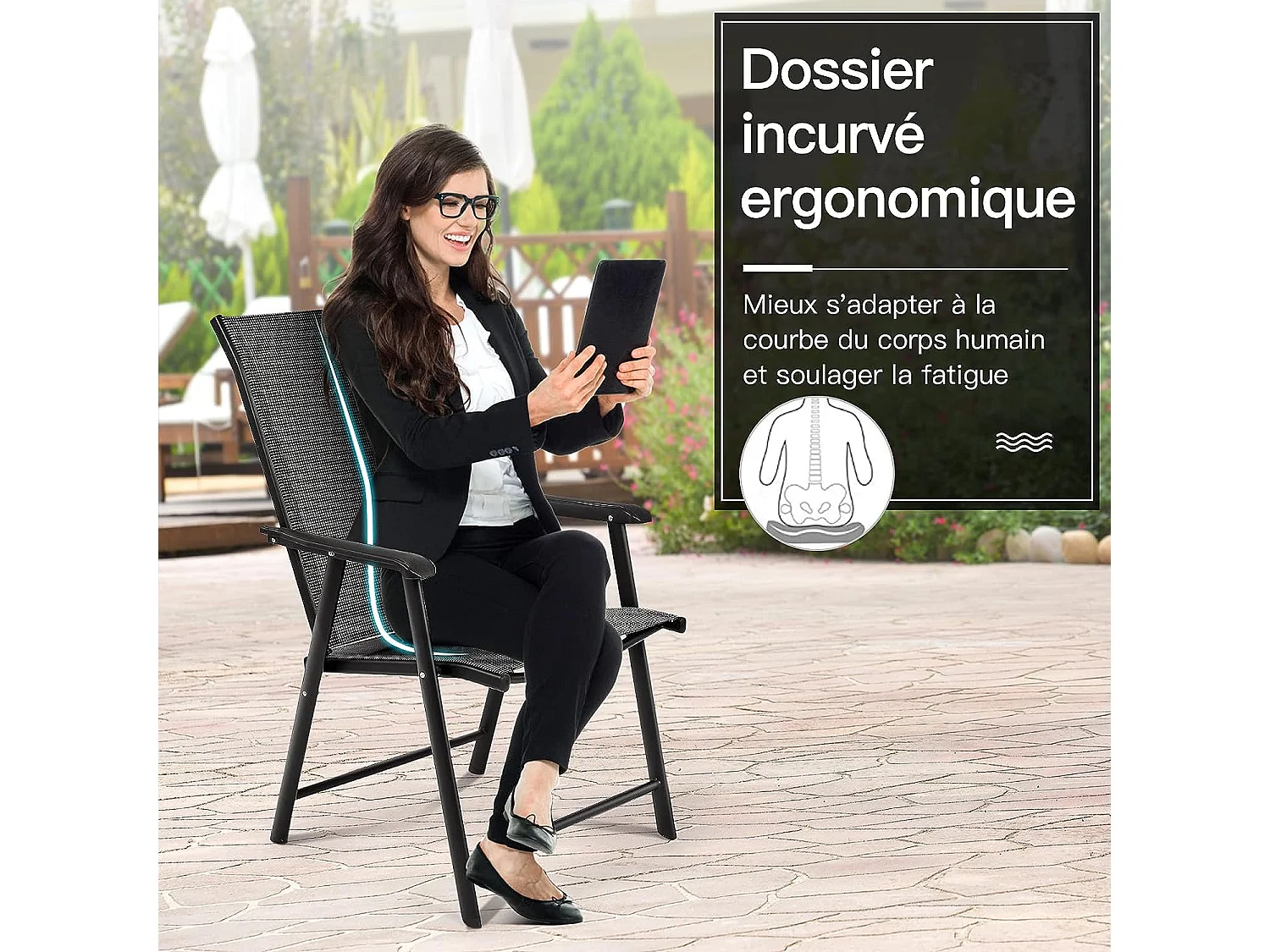 Lot de 2 chaises de jardin pliantes avec accoudoir dossier haut cadre en métal charge 100 kg