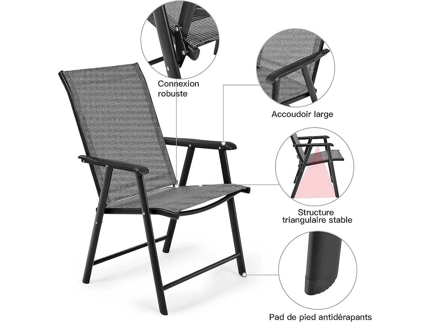 Lot de 2 chaises de jardin pliantes avec accoudoir dossier haut cadre en métal charge 100 kg