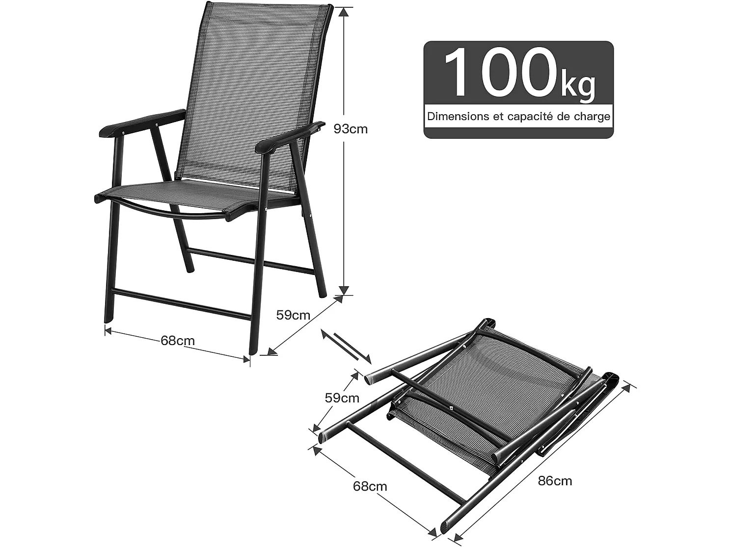 Lot de 2 chaises de jardin pliantes avec accoudoir dossier haut cadre en métal charge 100 kg