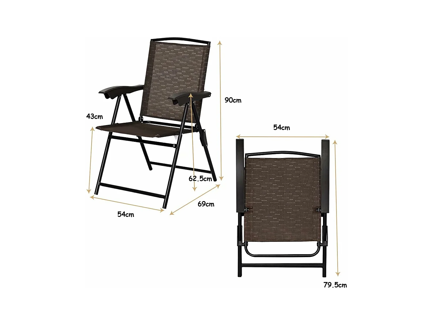 Lot de 4 Chaises de Jardin Pliantes Dossier Inclinable avec Accoudoirs en Acier Résistantes aux Intempéries Extérieur（Marron)