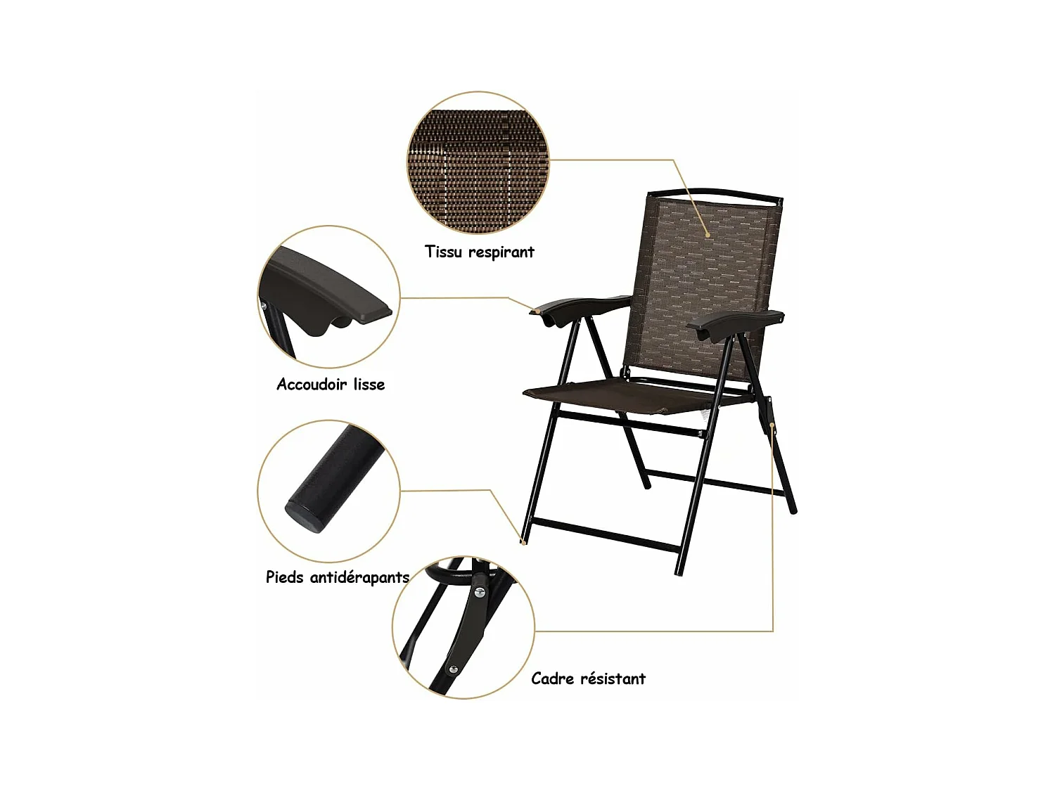 Lot de 4 Chaises de Jardin Pliantes Dossier Inclinable avec Accoudoirs en Acier Résistantes aux Intempéries Extérieur（Marron)