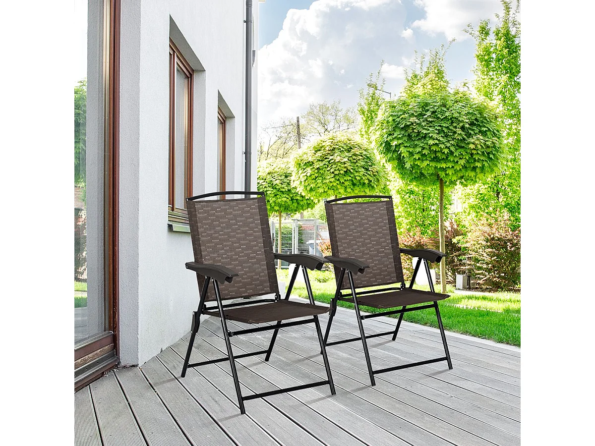 Lot de 4 Chaises de Jardin Pliantes Dossier Inclinable avec Accoudoirs en Acier Résistantes aux Intempéries Extérieur（Marron)