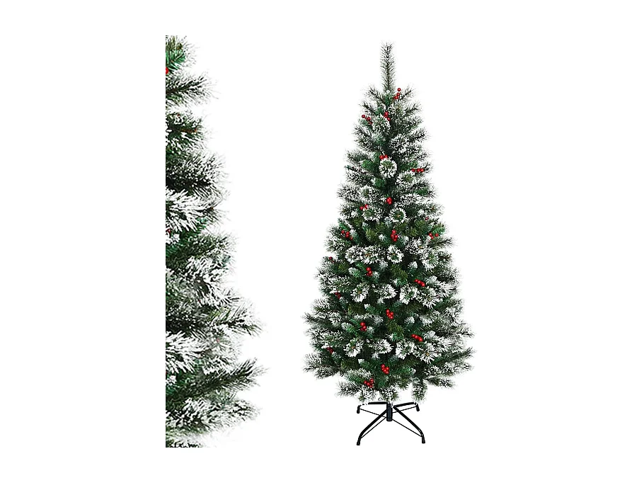 Sapin de noël artificiel 180cm avec flocons de neige avec baies rouges dense,base en métal 100% pvc décoration de vacances