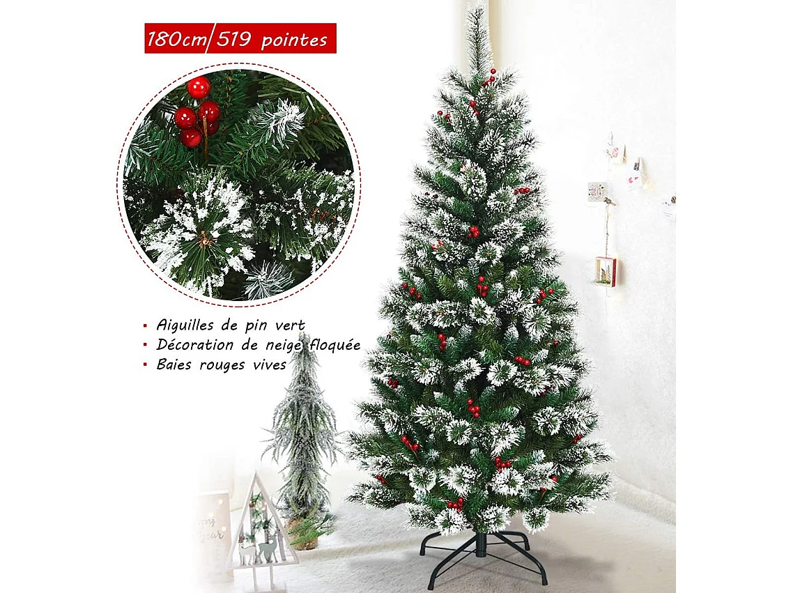 Sapin de noël artificiel 180cm avec flocons de neige avec baies rouges dense,base en métal 100% pvc décoration de vacances