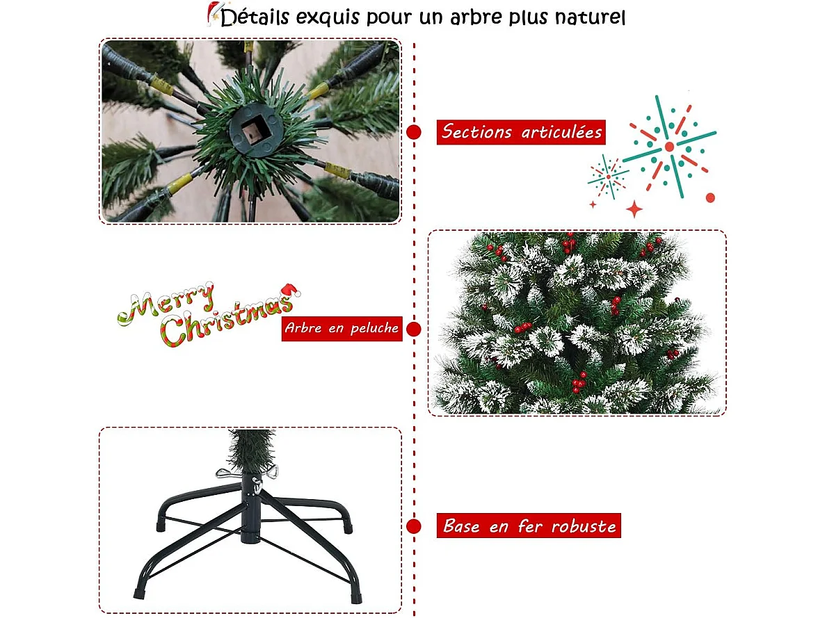 Sapin de noël artificiel 180cm avec flocons de neige avec baies rouges dense,base en métal 100% pvc décoration de vacances