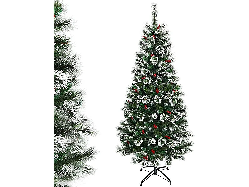 Sapin de noël artificiel 180cm avec flocons de neige avec baies rouges dense,base en métal 100% pvc décoration de vacances