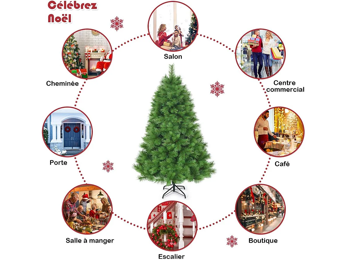 Arbre de noël artificiel 180 cm avec 586 branches et support en fer sapin de noël artificiel pour décoration de fêtes