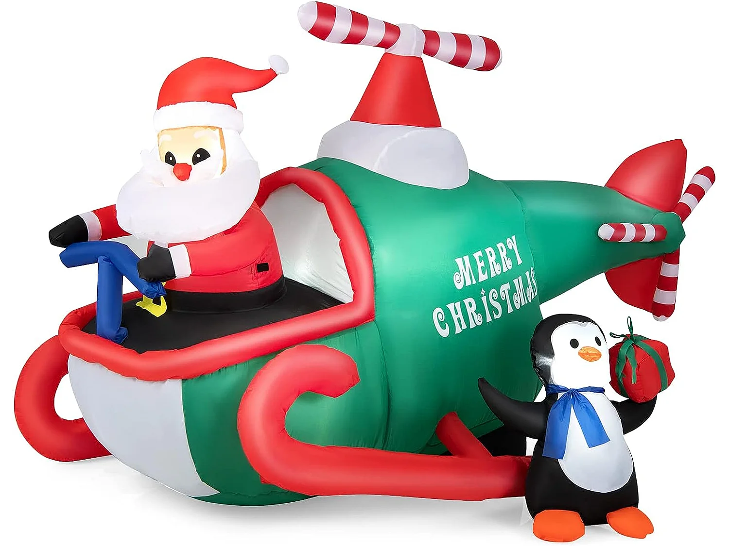 Père noël gonflable décoratif 190cm de long avec hélicoptère/pingouin/cadeau, décoration de noël avec lumières led, gonfleur