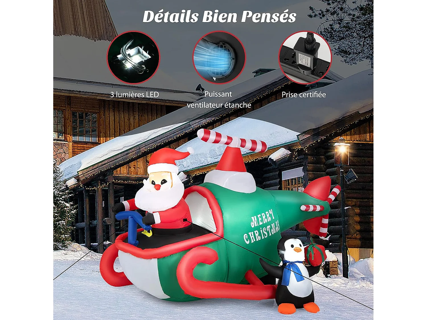 Père noël gonflable décoratif 190cm de long avec hélicoptère/pingouin/cadeau, décoration de noël avec lumières led, gonfleur