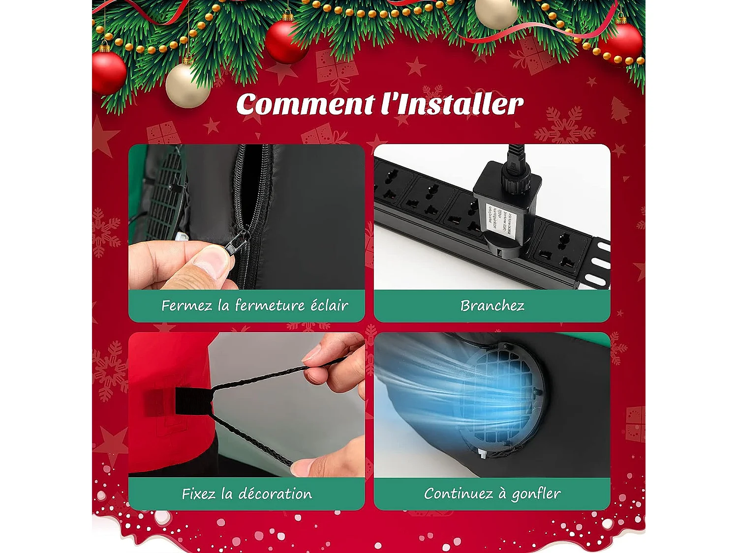 Père noël gonflable décoratif 190cm de long avec hélicoptère/pingouin/cadeau, décoration de noël avec lumières led, gonfleur