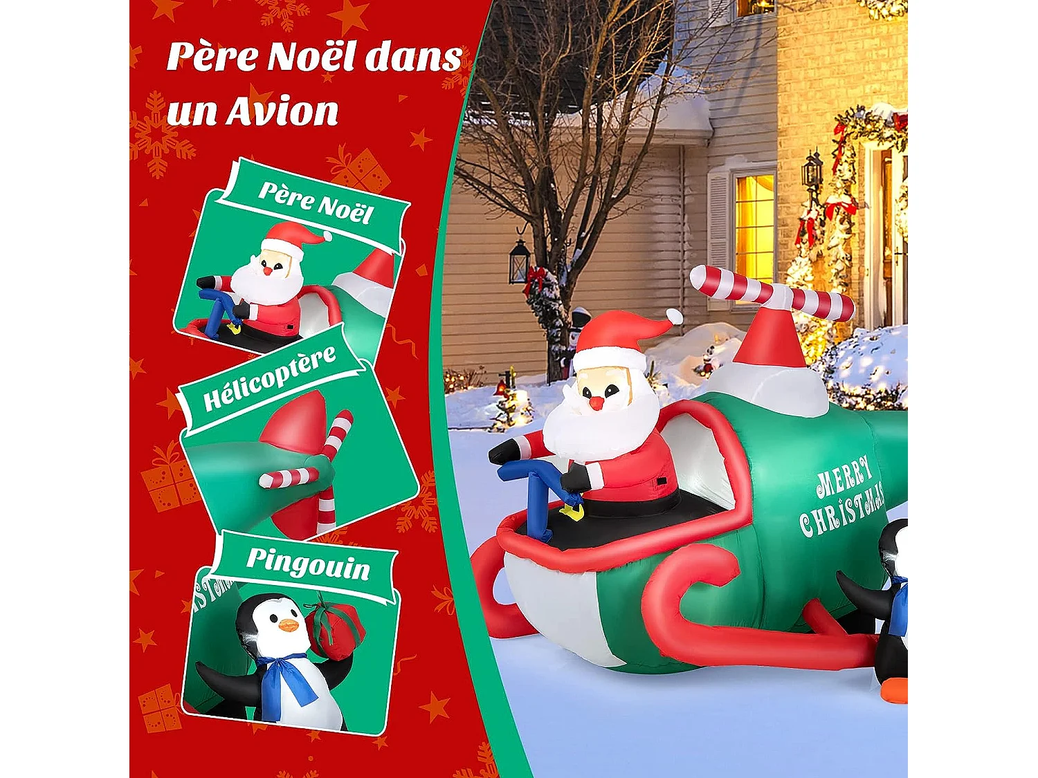 Père noël gonflable décoratif 190cm de long avec hélicoptère/pingouin/cadeau, décoration de noël avec lumières led, gonfleur