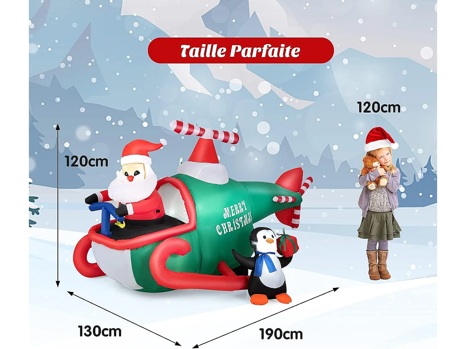 Père noël gonflable décoratif 190cm de long avec hélicoptère/pingouin/cadeau, décoration de noël avec lumières led, gonfleur