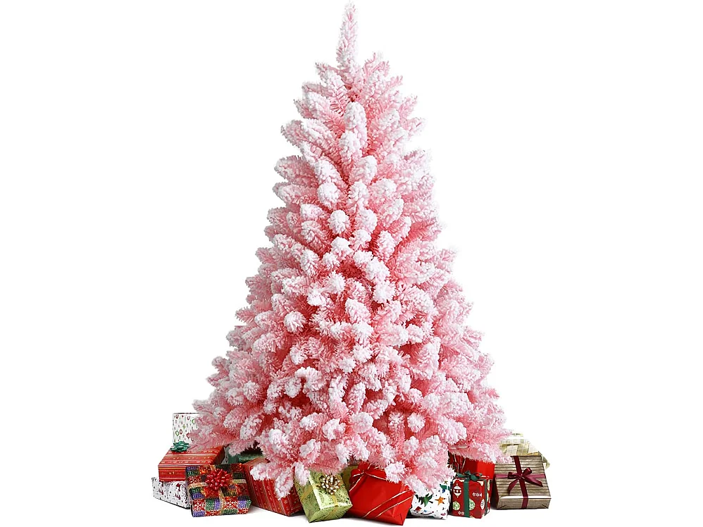 Sapin de noël floqué artificiel 150 cm avec 680 rameaux pvc support métallique pliable couleur fleurs de cerisier rose