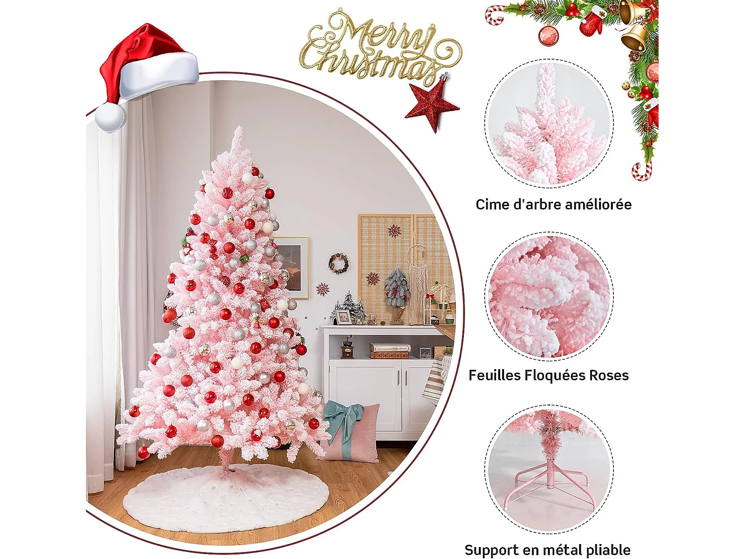 Sapin de noël floqué artificiel 150 cm avec 680 rameaux pvc support métallique pliable couleur fleurs de cerisier rose