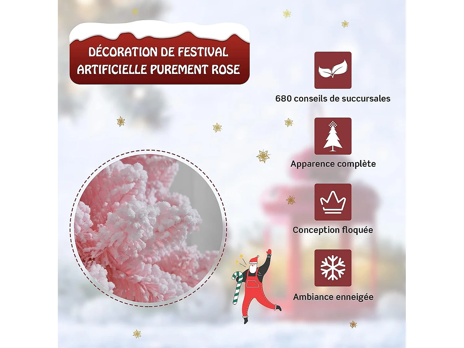 Sapin de noël floqué artificiel 150 cm avec 680 rameaux pvc support métallique pliable couleur fleurs de cerisier rose