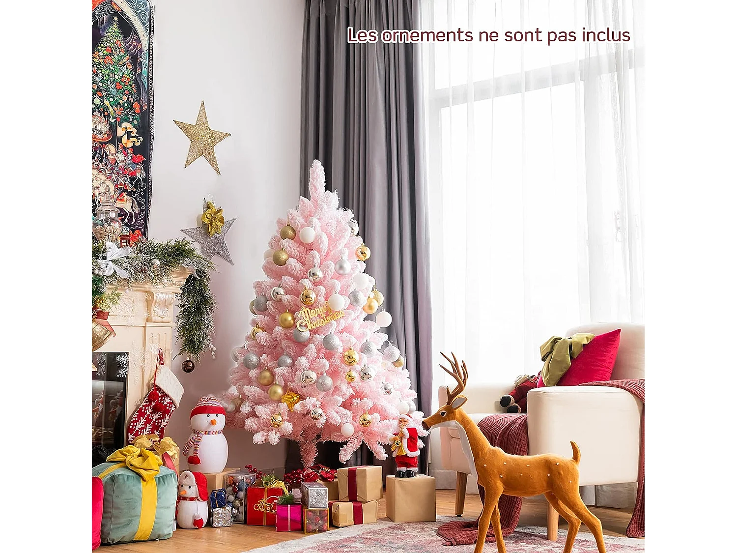 Sapin de noël floqué artificiel 150 cm avec 680 rameaux pvc support métallique pliable couleur fleurs de cerisier rose