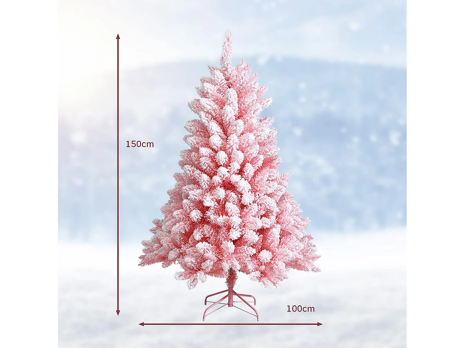 Sapin de noël floqué artificiel 150 cm avec 680 rameaux pvc support métallique pliable couleur fleurs de cerisier rose