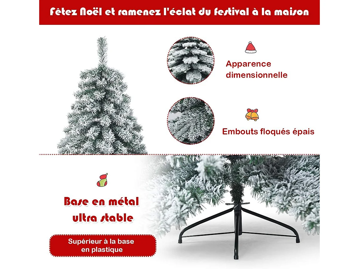 Arbre de noël artificiel à flocons de neige 180cm avec charnières,support métallique pliable non lumineux décoration de fête
