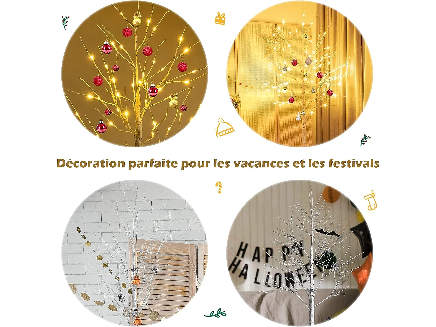 Arbre de noël bouleau blanc chaud artificiel 180cm avec 96 led lumineux base plastique décoration intérieur pour noël