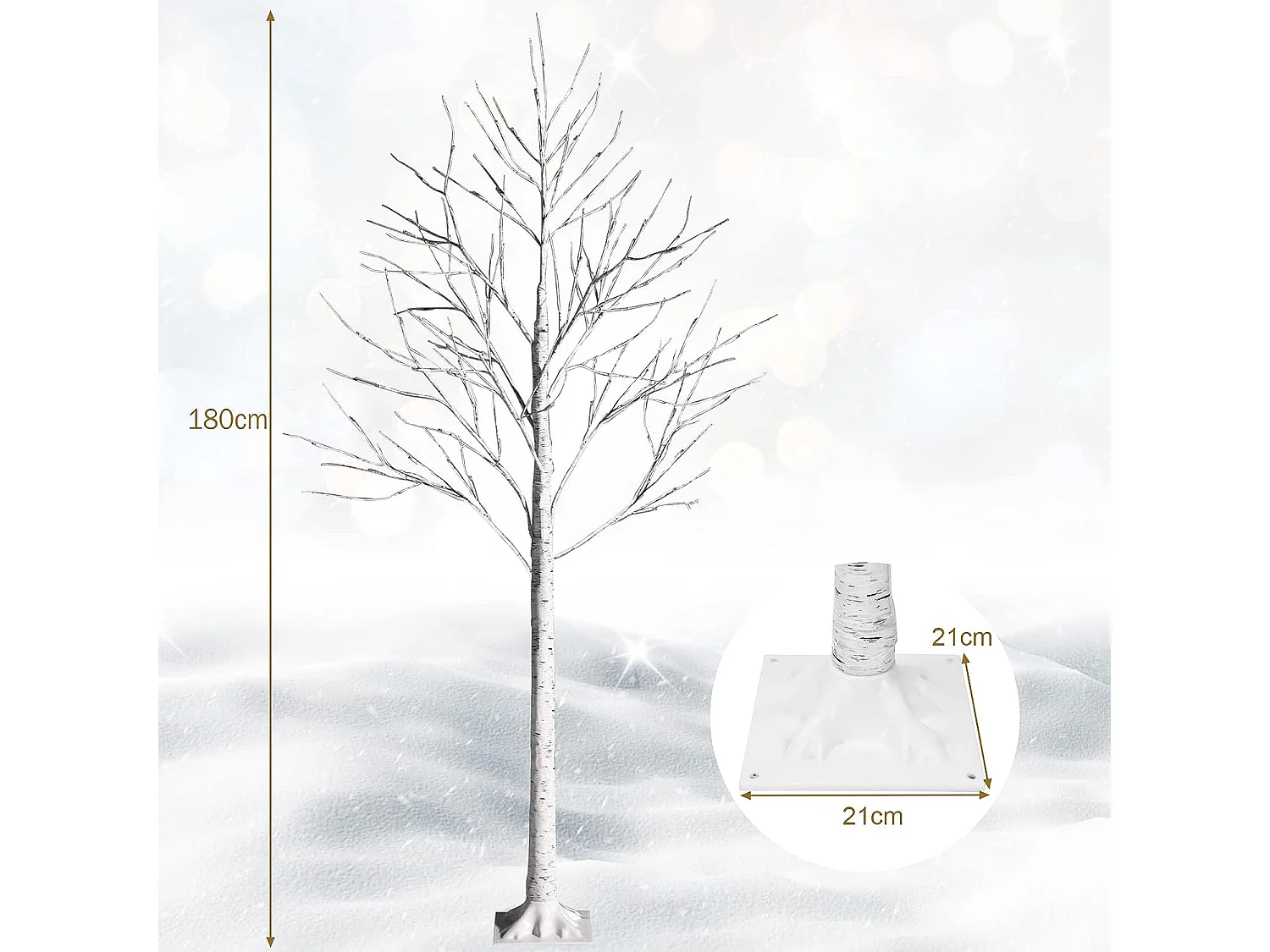Arbre de noël bouleau blanc chaud artificiel 180cm avec 96 led lumineux base plastique décoration intérieur pour noël