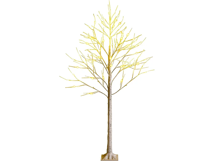 Arbre de noël bouleau blanc chaud artificiel 180cm avec 96 led lumineux base plastique décoration intérieur pour noël