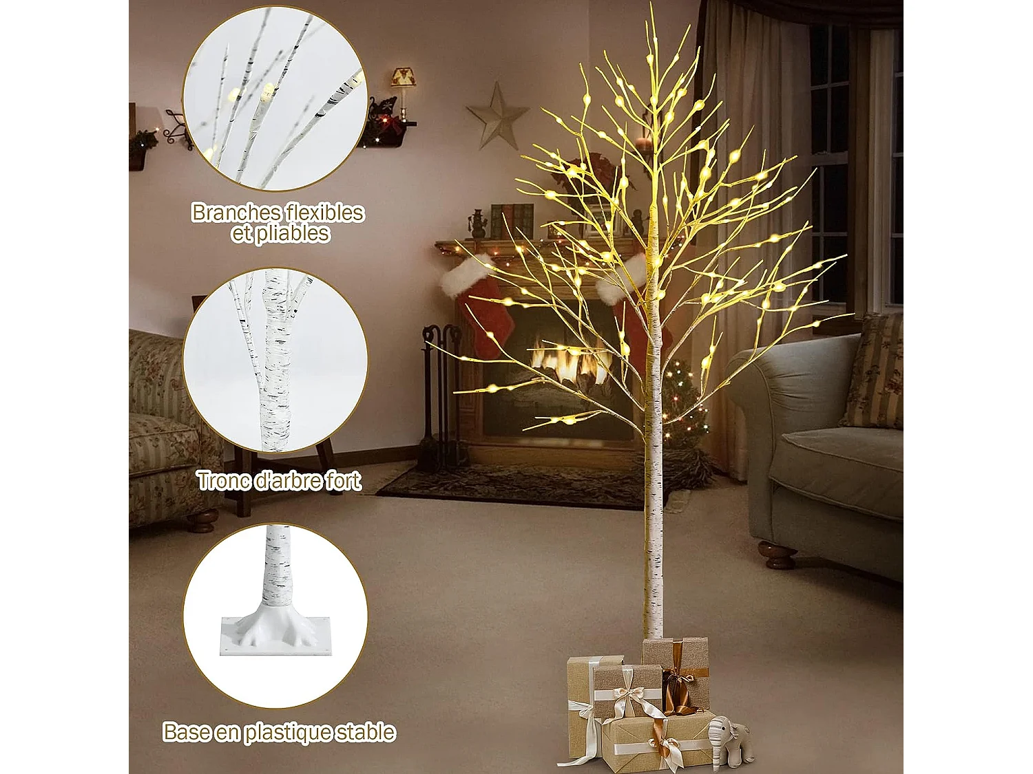 Arbre de noël bouleau blanc chaud artificiel 180cm avec 96 led lumineux base plastique décoration intérieur pour noël