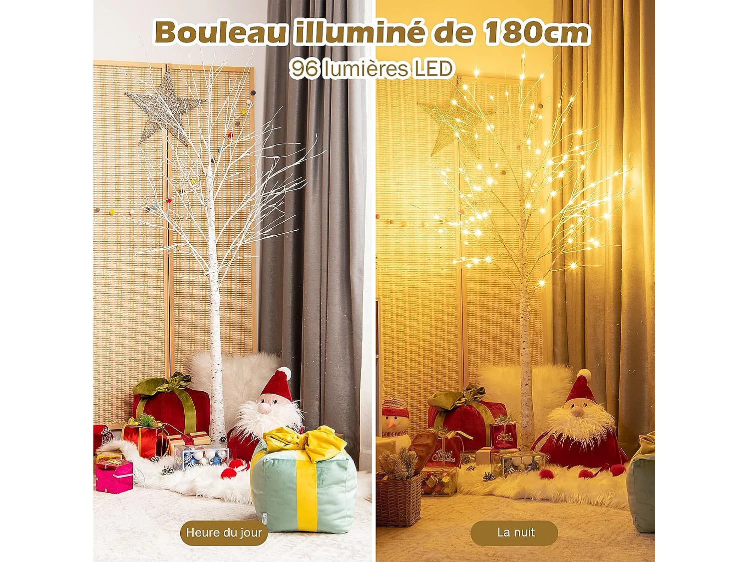 Arbre de noël bouleau blanc chaud artificiel 180cm avec 96 led lumineux base plastique décoration intérieur pour noël
