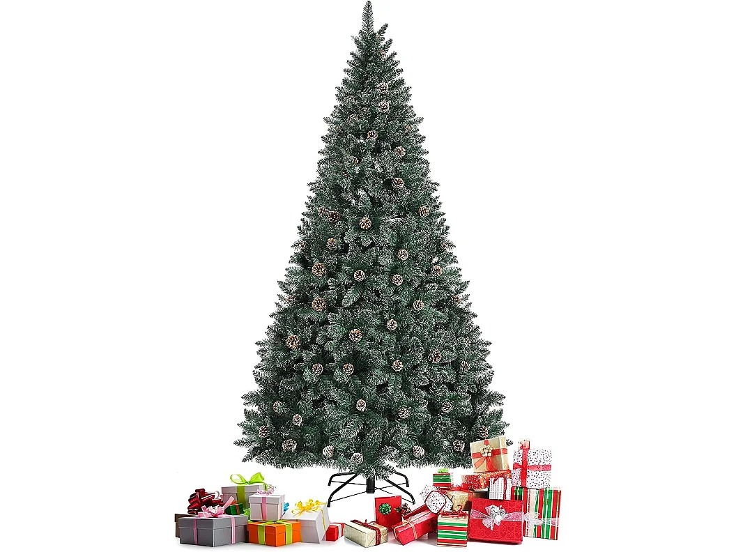 Sapin de noël 225cm pré-décoré avec 1400 pointes blanches des feuilles d'aiguilles etoffée 89 pommes de pin support en métal