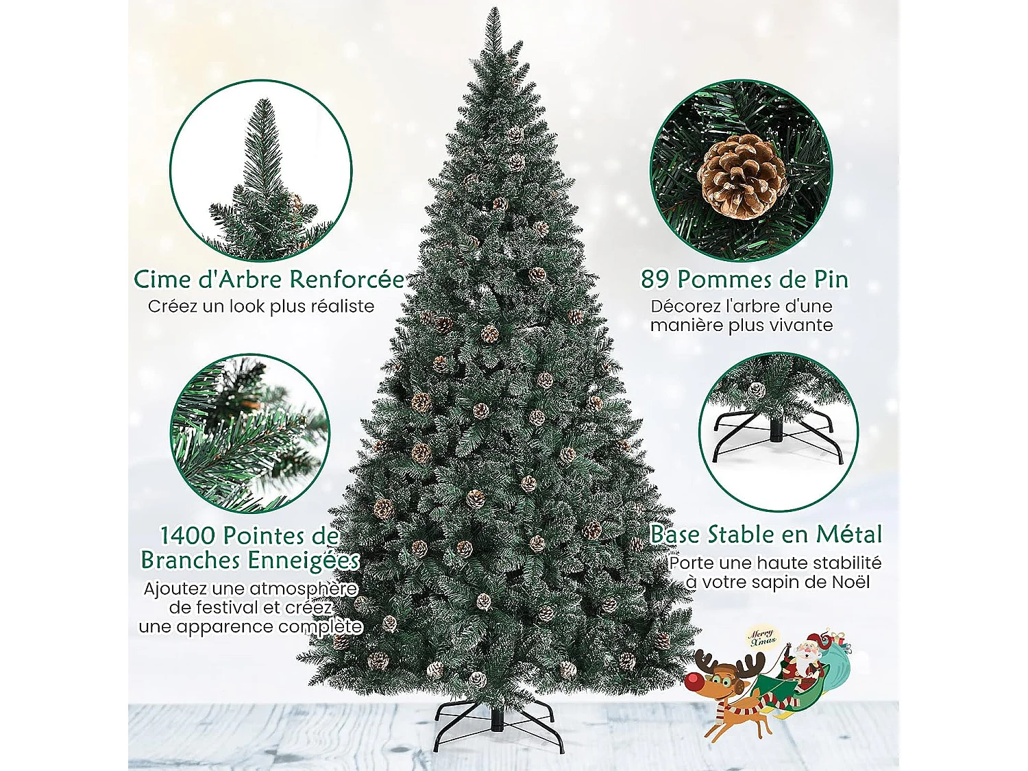 Sapin de noël 225cm pré-décoré avec 1400 pointes blanches des feuilles d'aiguilles etoffée 89 pommes de pin support en métal