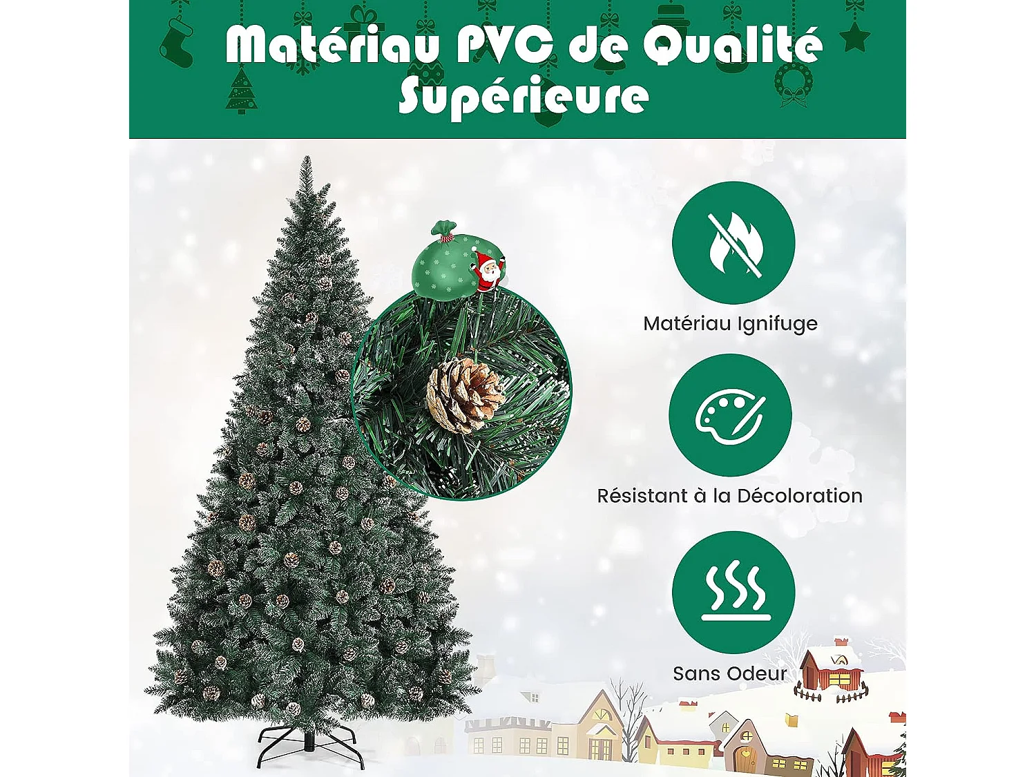 Sapin de noël 225cm pré-décoré avec 1400 pointes blanches des feuilles d'aiguilles etoffée 89 pommes de pin support en métal