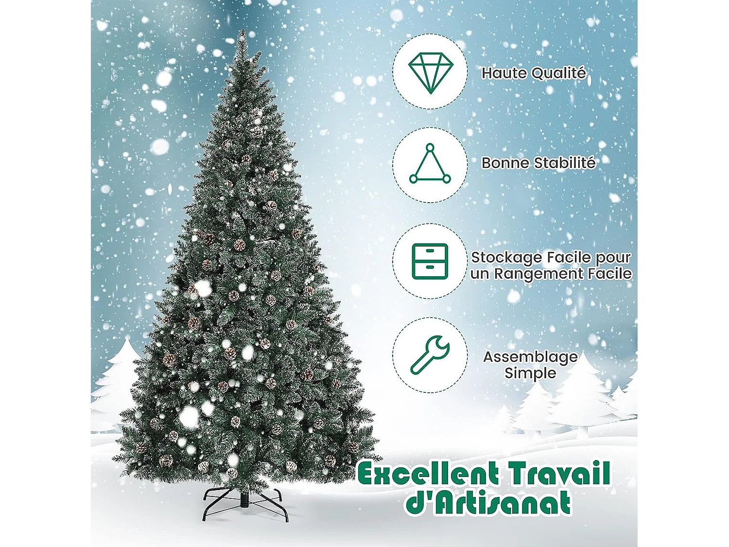 Sapin de noël 225cm pré-décoré avec 1400 pointes blanches des feuilles d'aiguilles etoffée 89 pommes de pin support en métal