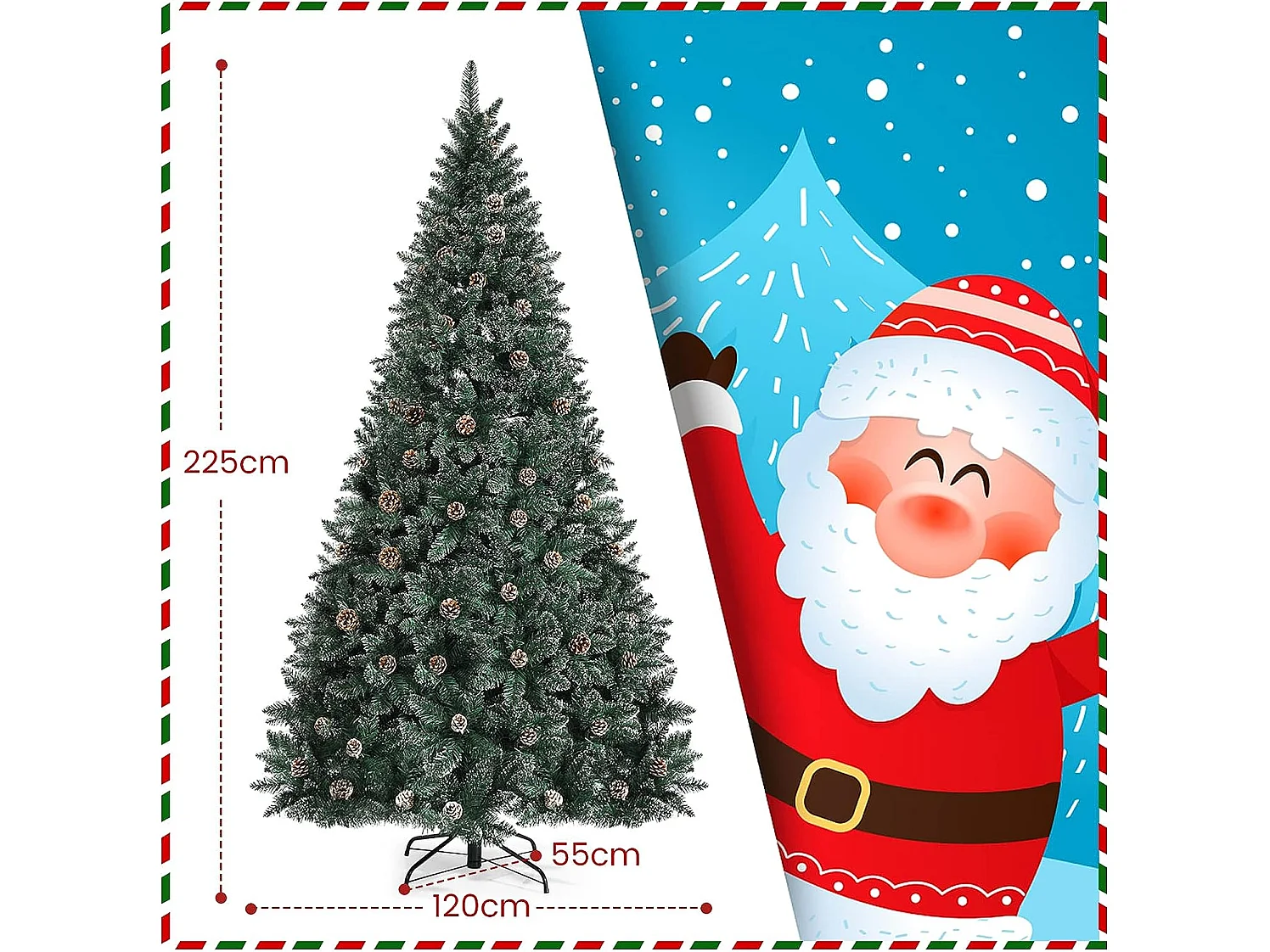 Sapin de noël 225cm pré-décoré avec 1400 pointes blanches des feuilles d'aiguilles etoffée 89 pommes de pin support en métal