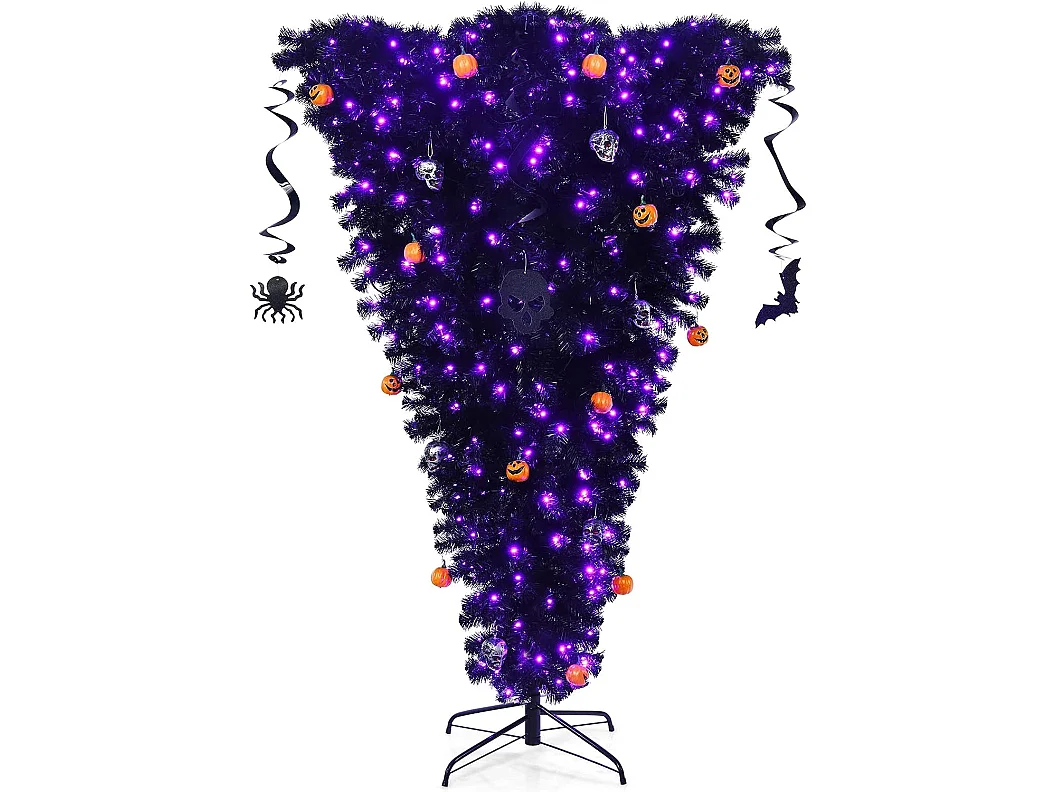 Sapin de noël artificiel noir 180 cm inversé arbre d'halloween avec 270 lumières led violettes décoré de citrouilles crânes