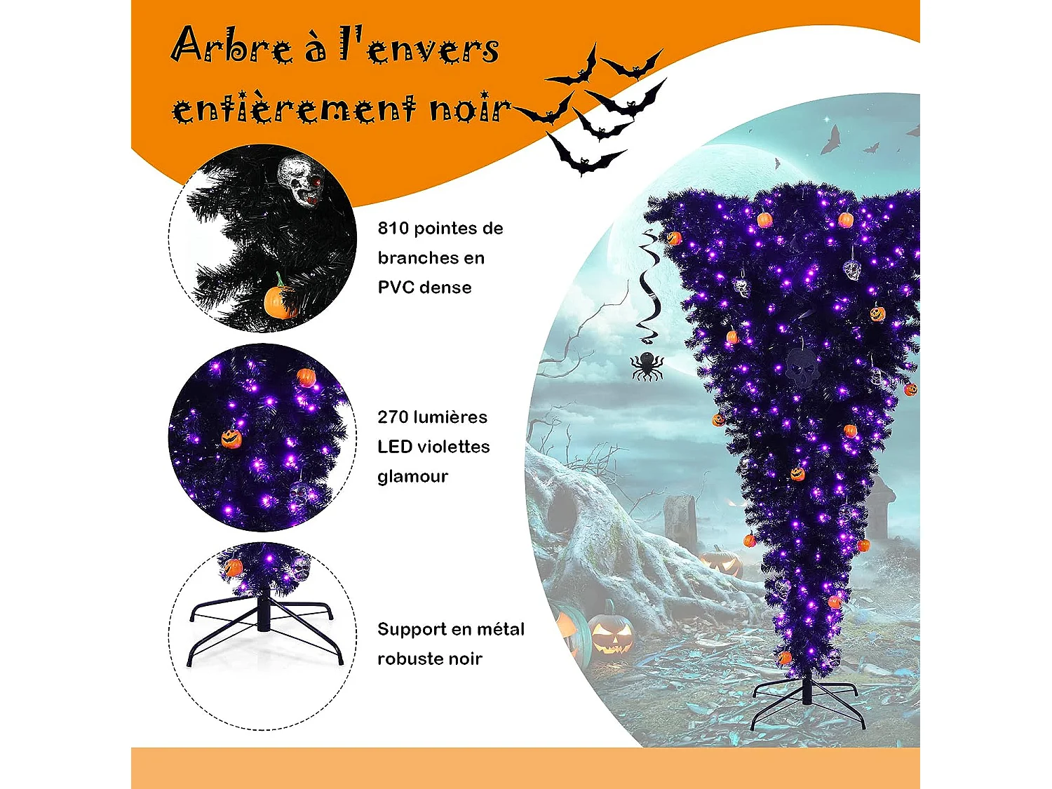 Sapin de noël artificiel noir 180 cm inversé arbre d'halloween avec 270 lumières led violettes décoré de citrouilles crânes