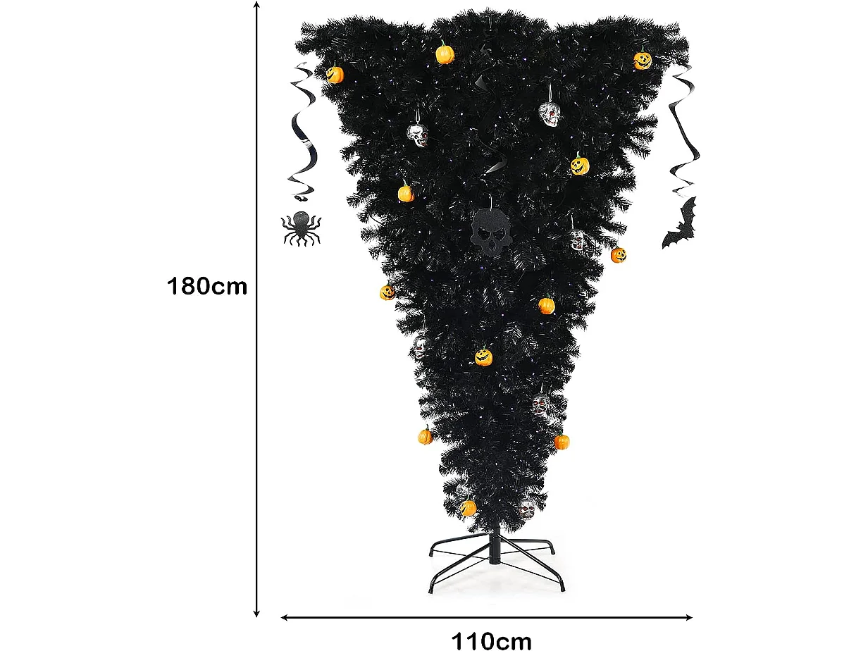 Sapin de noël artificiel noir 180 cm inversé arbre d'halloween avec 270 lumières led violettes décoré de citrouilles crânes