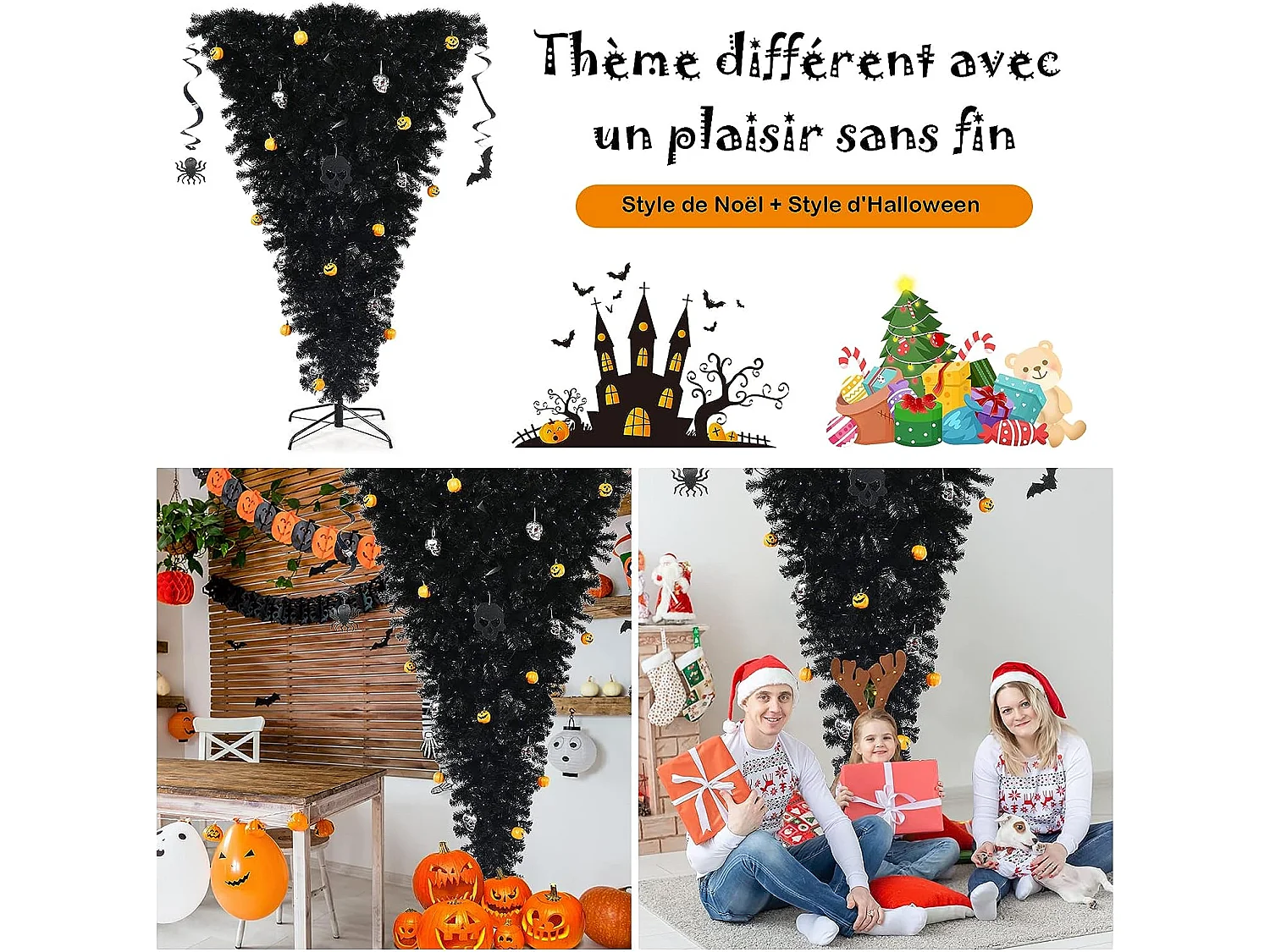 Sapin de noël artificiel noir 180 cm inversé arbre d'halloween avec 270 lumières led violettes décoré de citrouilles crânes