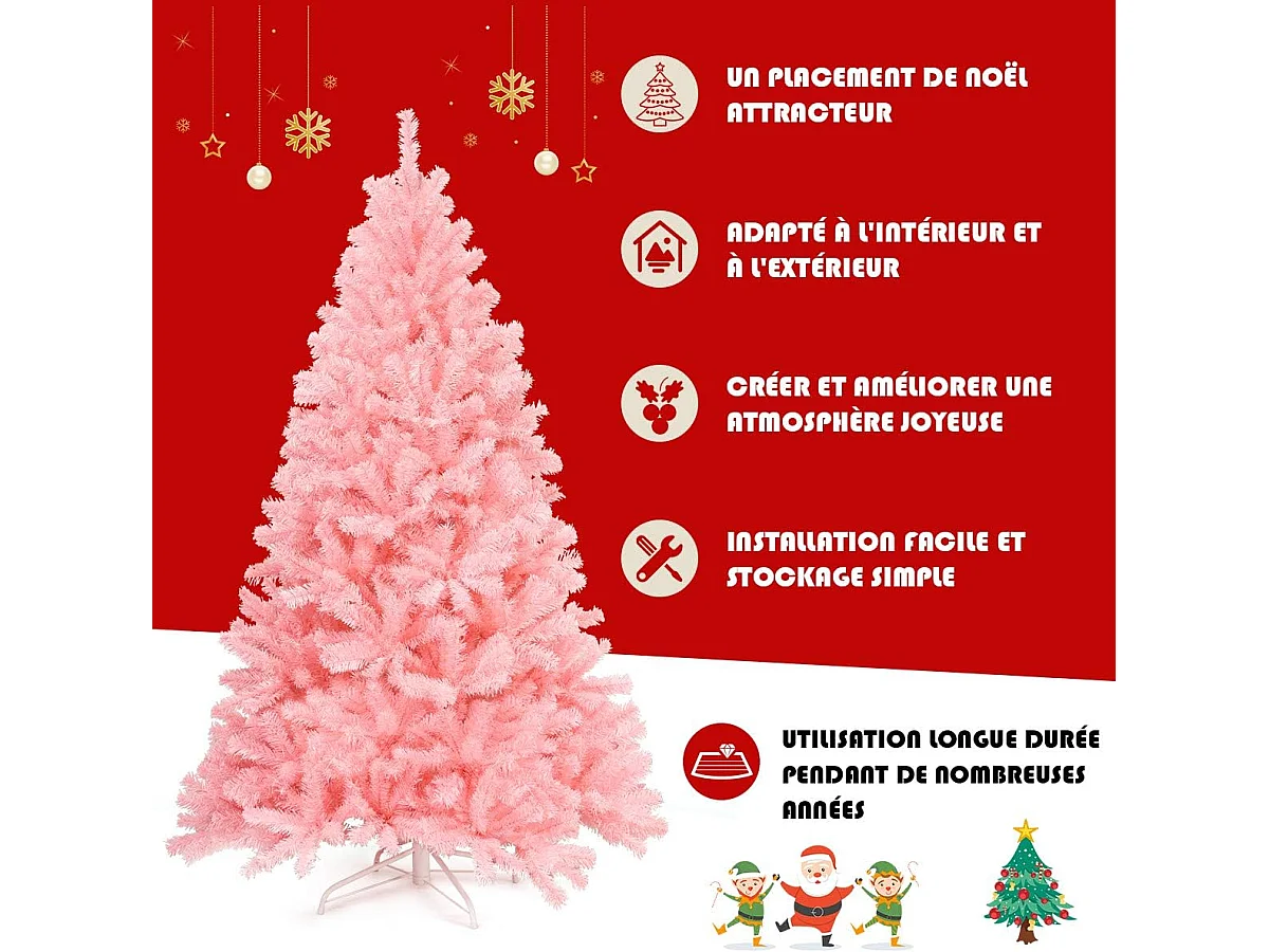 Sapin de noël artificiel 180 cm couleur fleur de cerisier en pvc avec support en métal pliable 1036 pointes de branches